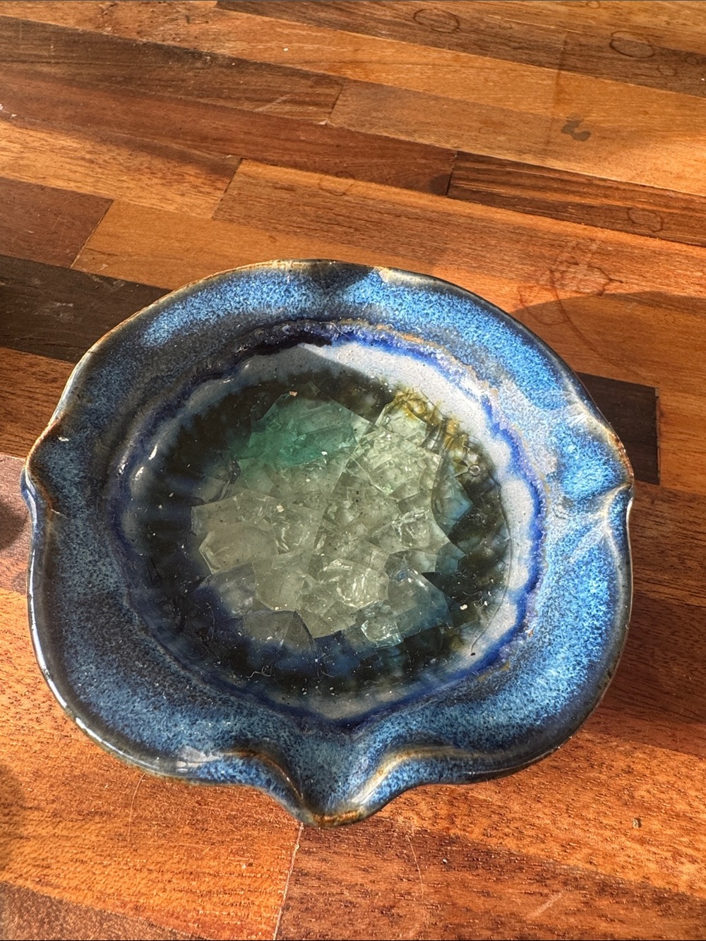 Blue Ceramic Decorative Bowl with Glass Accent/ jewelry dish